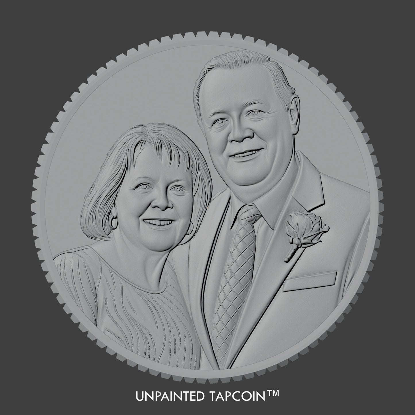 An unpainted image of a sculpted TapCoin