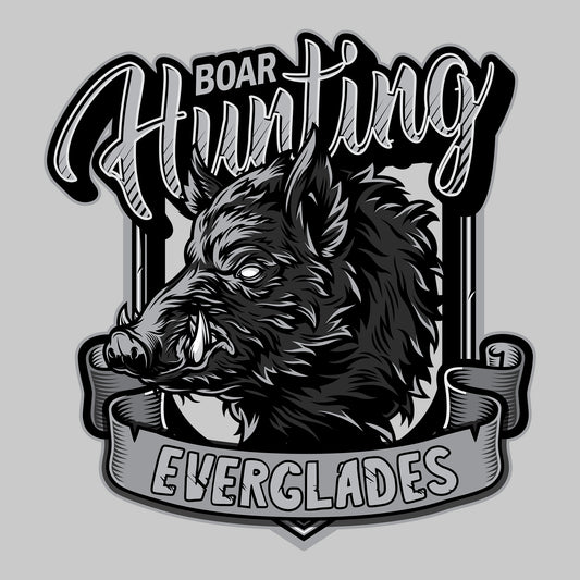 A boar's head with "Boar Hunting Everglades" text on a black background
