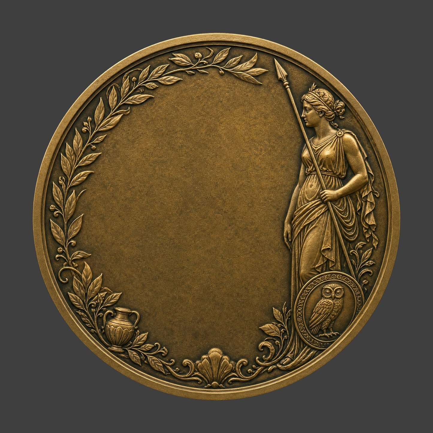 Bronze medallion with classical design on a dark background