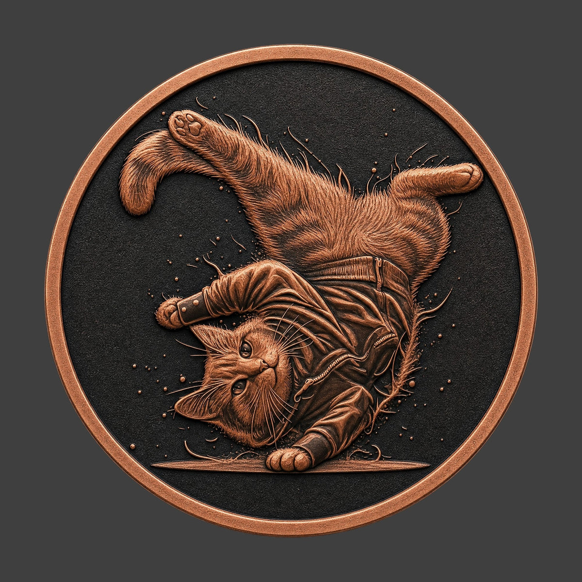 A copper finished, resin sculpted novelty coin of a a break-dancing cat