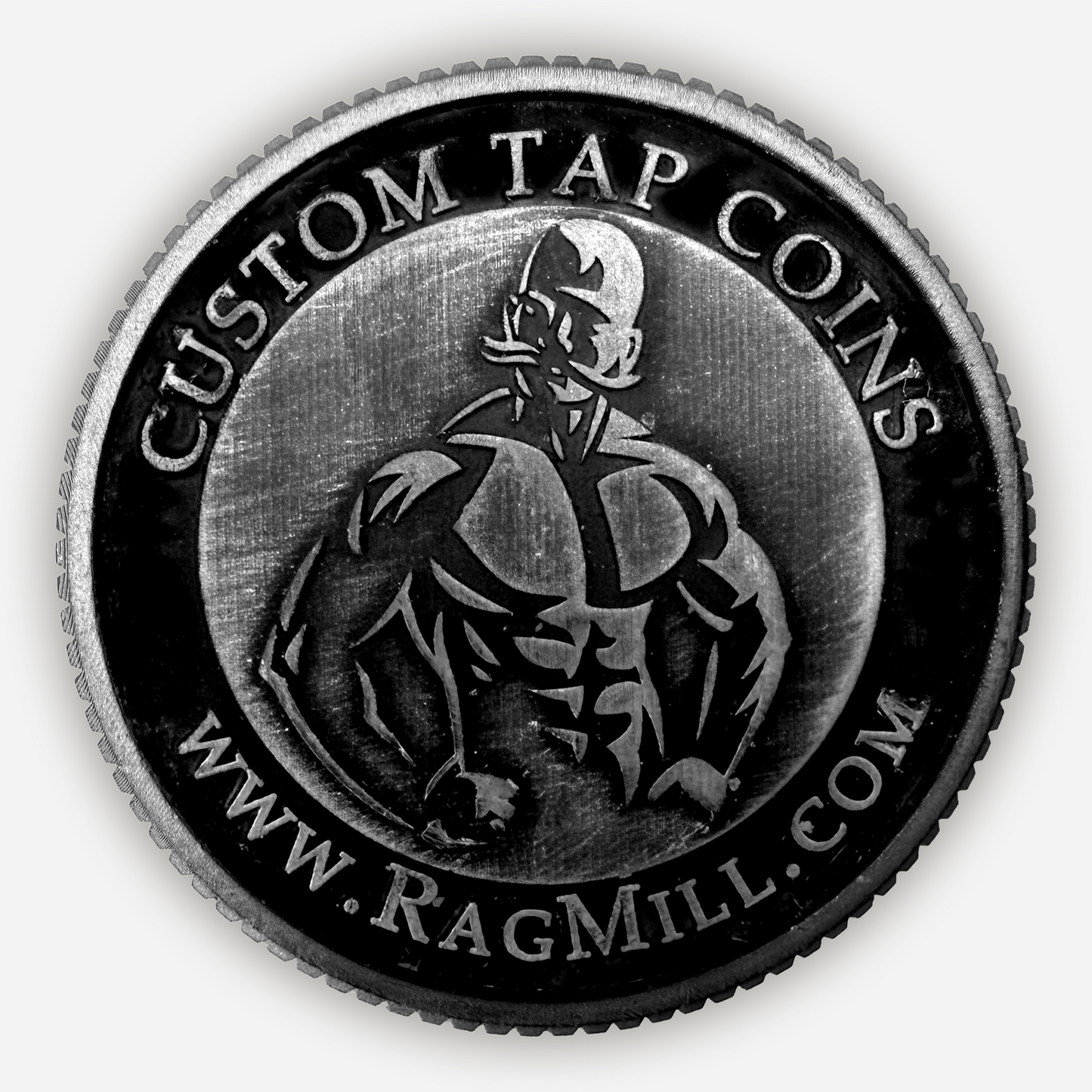 Custom Tap Coins with coin w/www.RagMill.com and Pewter text