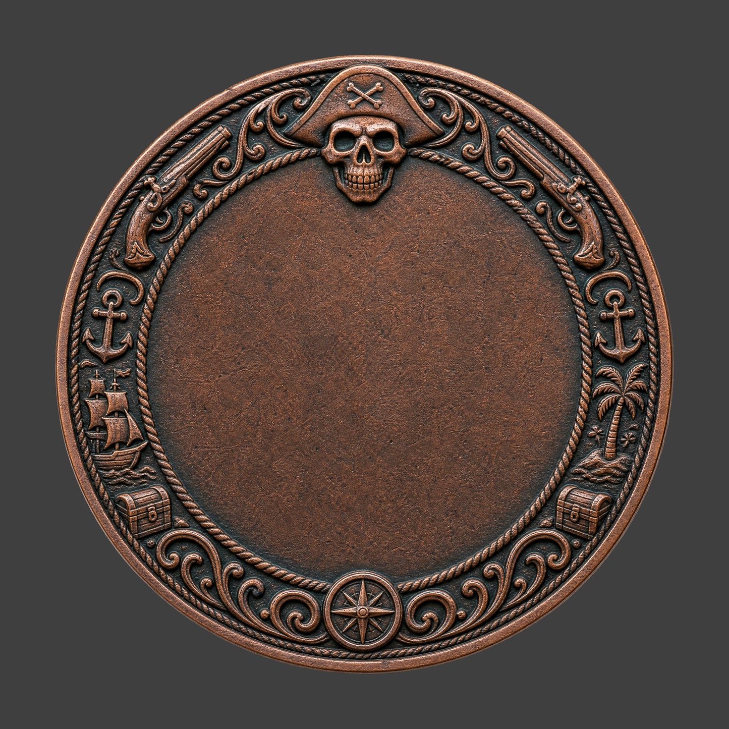 A copper patina pirate themed coin