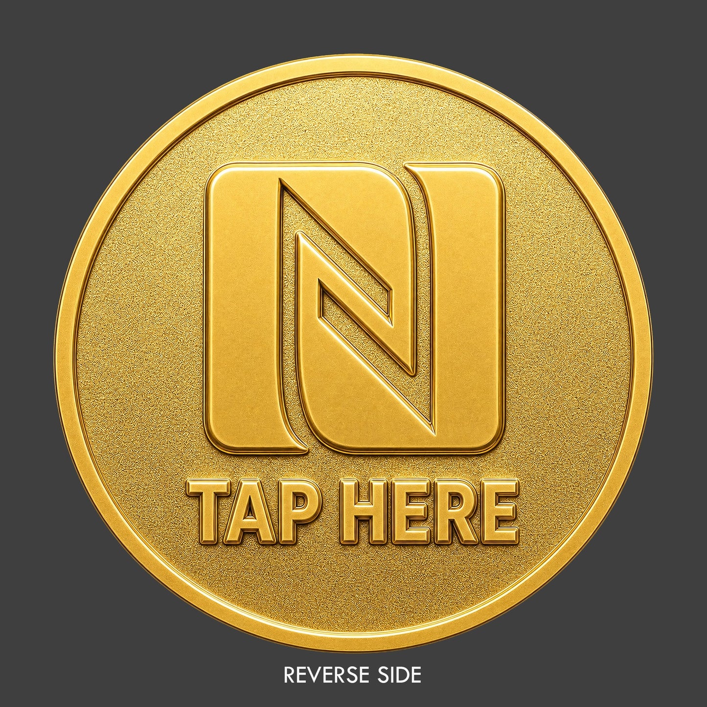 A gold TapCoin with an NFC logo