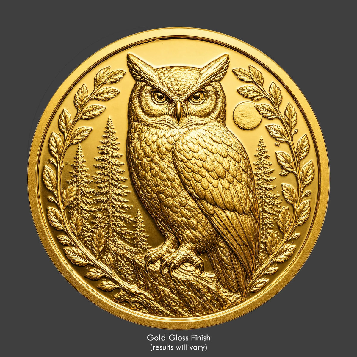 A gold finished, resin sculpted novelty coin of an owl