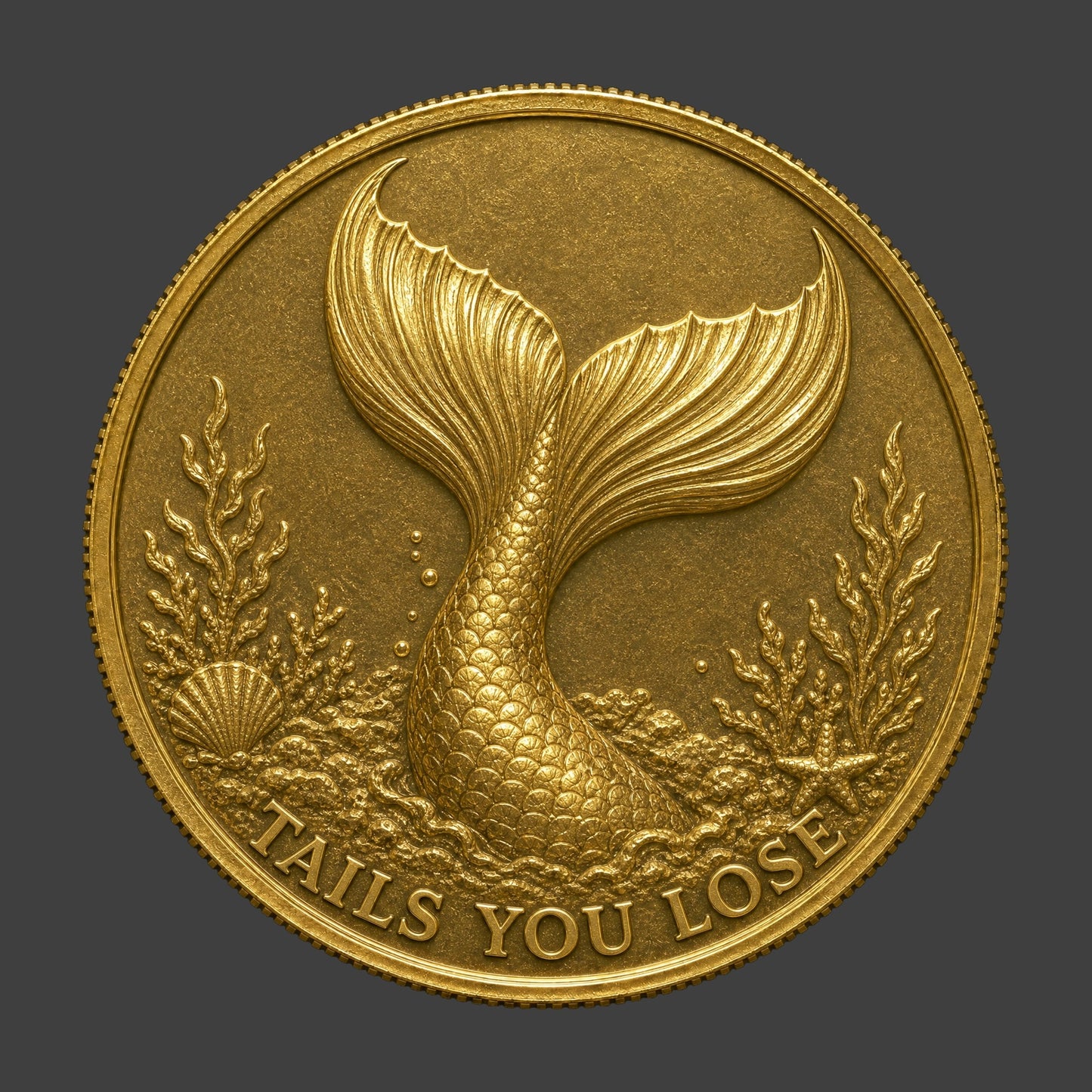 A gold finished, resin sculpted coin of a mermaid's tail