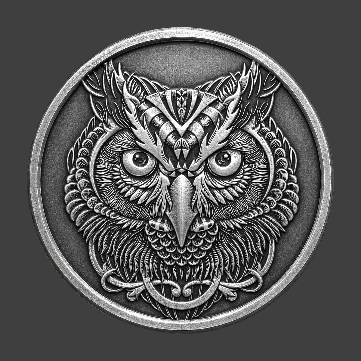 An ornate owl 3D printed on a resin coin