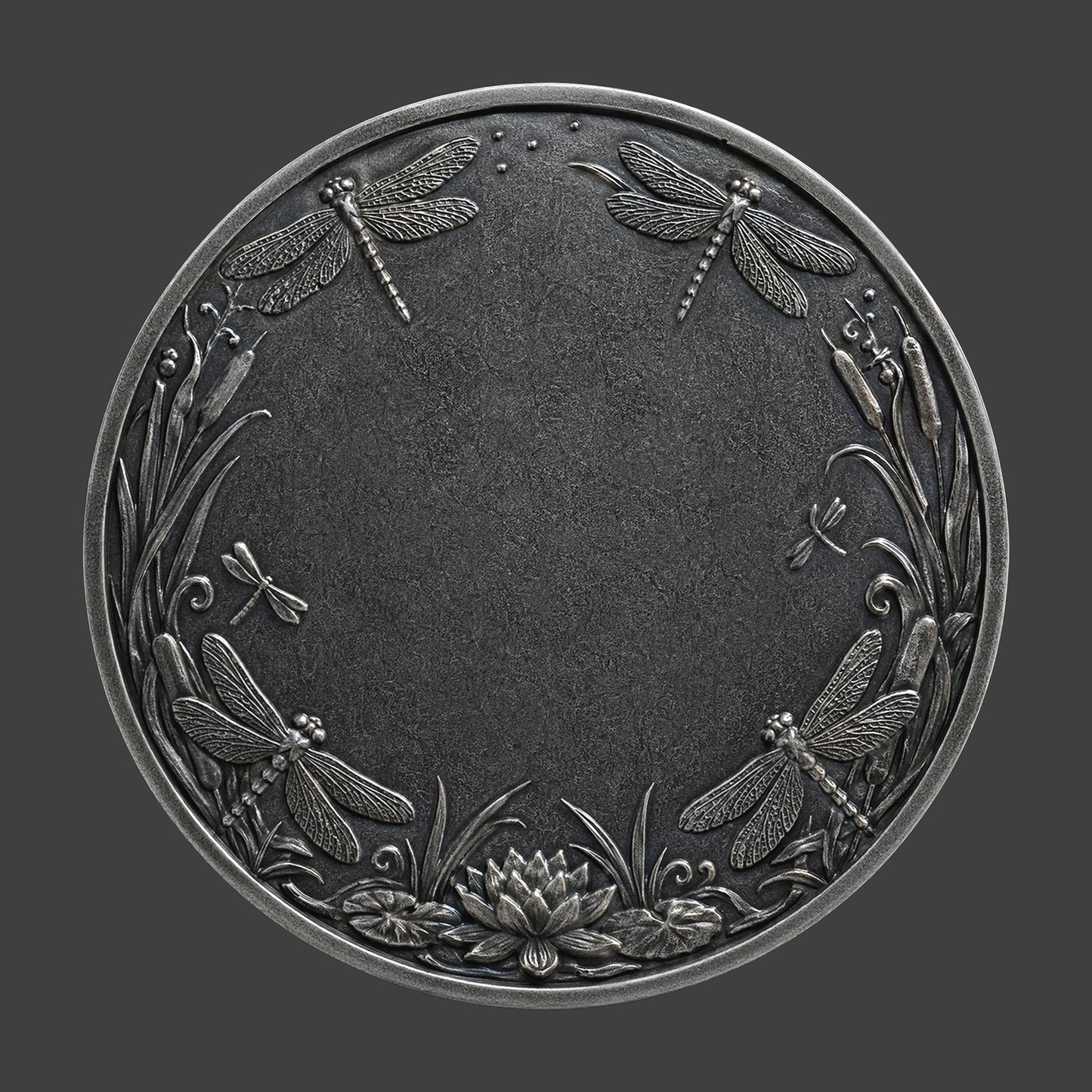 A pewter coin with dragonflys all around the rim
