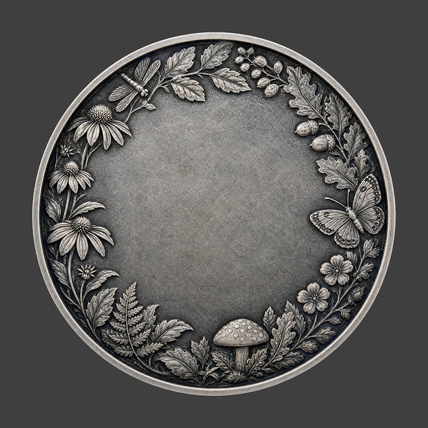 Decorative round emblem with nature-themed elements on a dark background