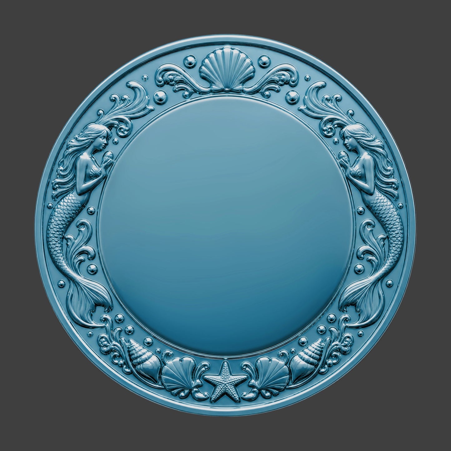 A blue blank coin with mermaids around the edge