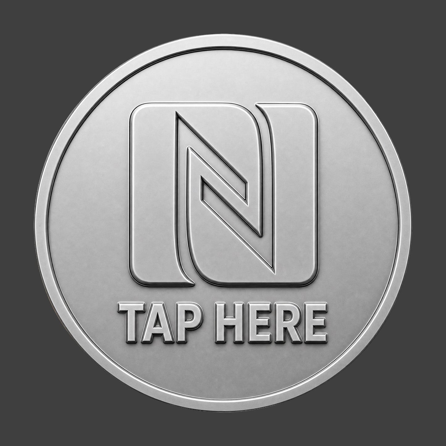 A silver TapCoin with an NFC logo