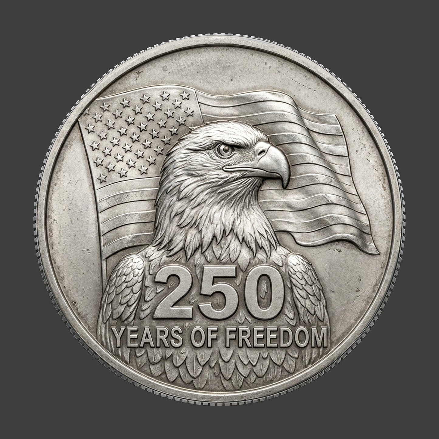 A silver coin of an american eagle with a flag behind it