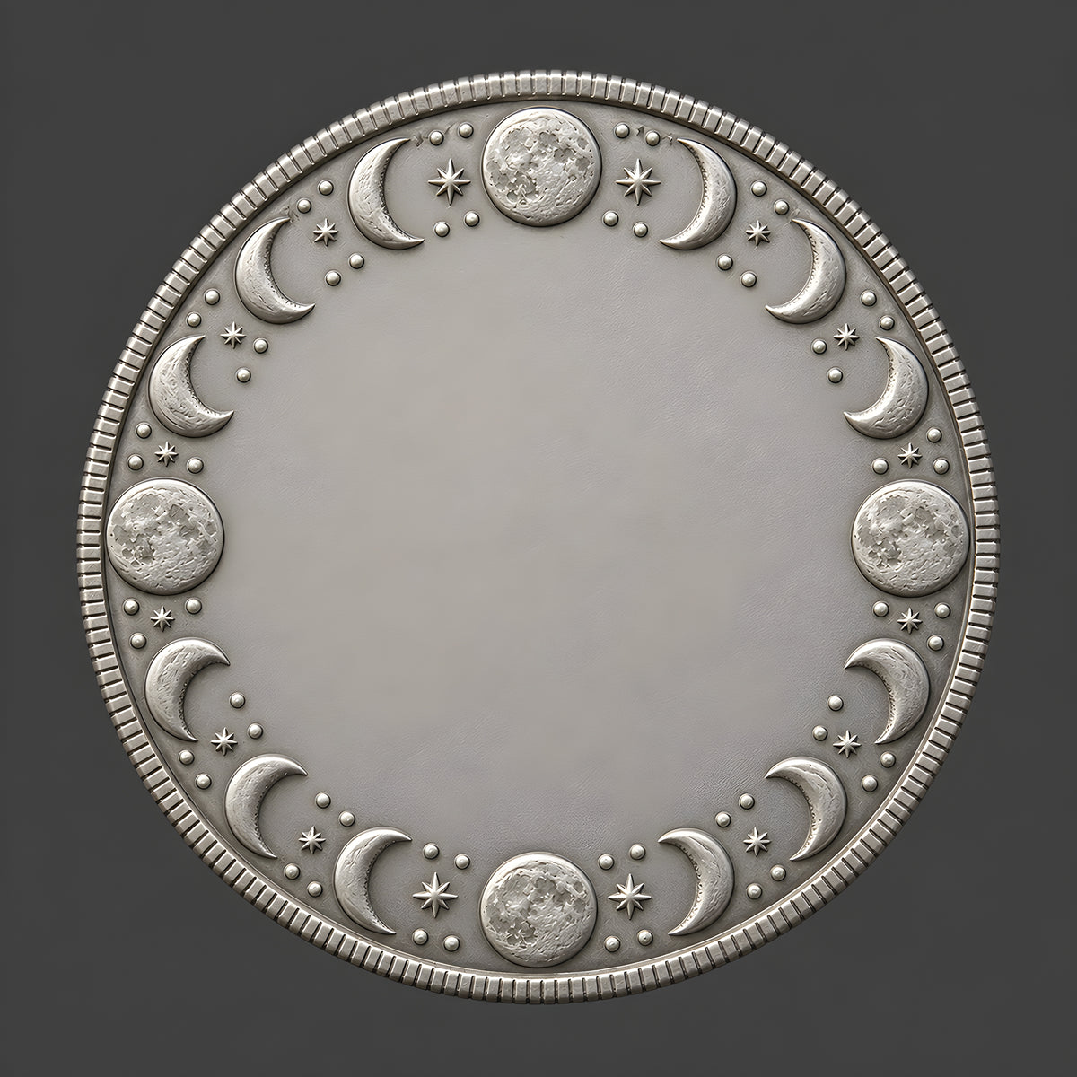 Decorative silver coin with moon phases on a dark background