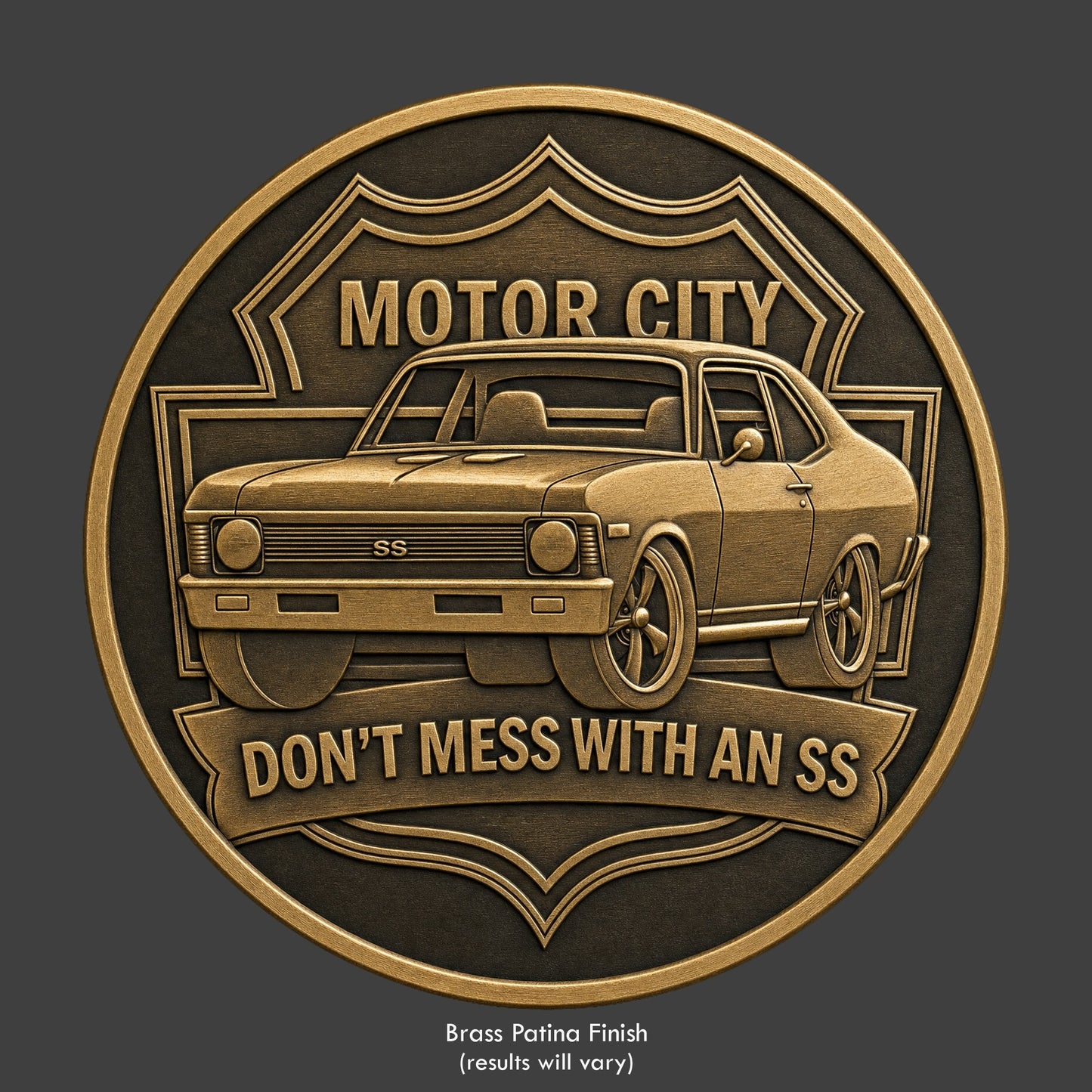 A brass finished, resin sculpted coin of an 1968 Nova SS