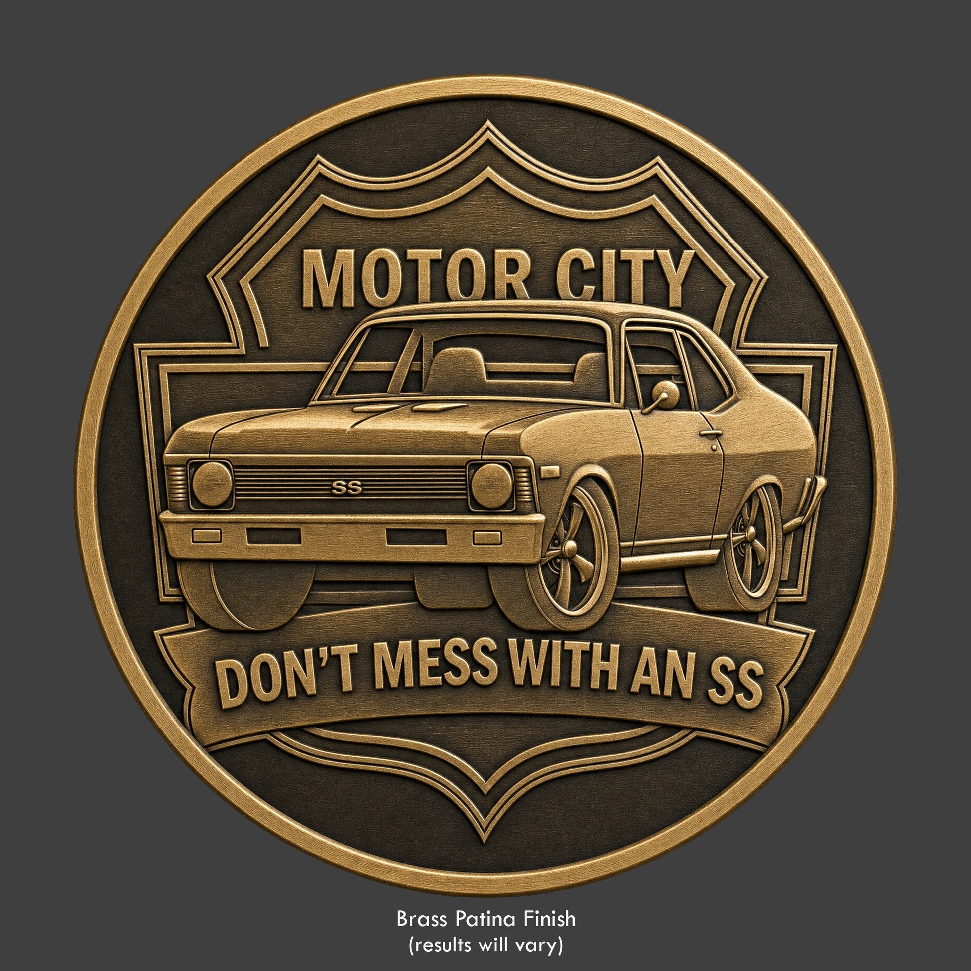 A brass finished, resin sculpted coin of an 1968 Nova SS
