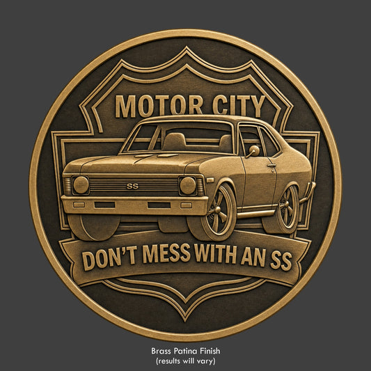 A brass finished, resin sculpted coin of an 1968 Nova SS
