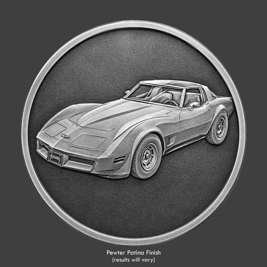 A 1982 Corvette on pewter coin