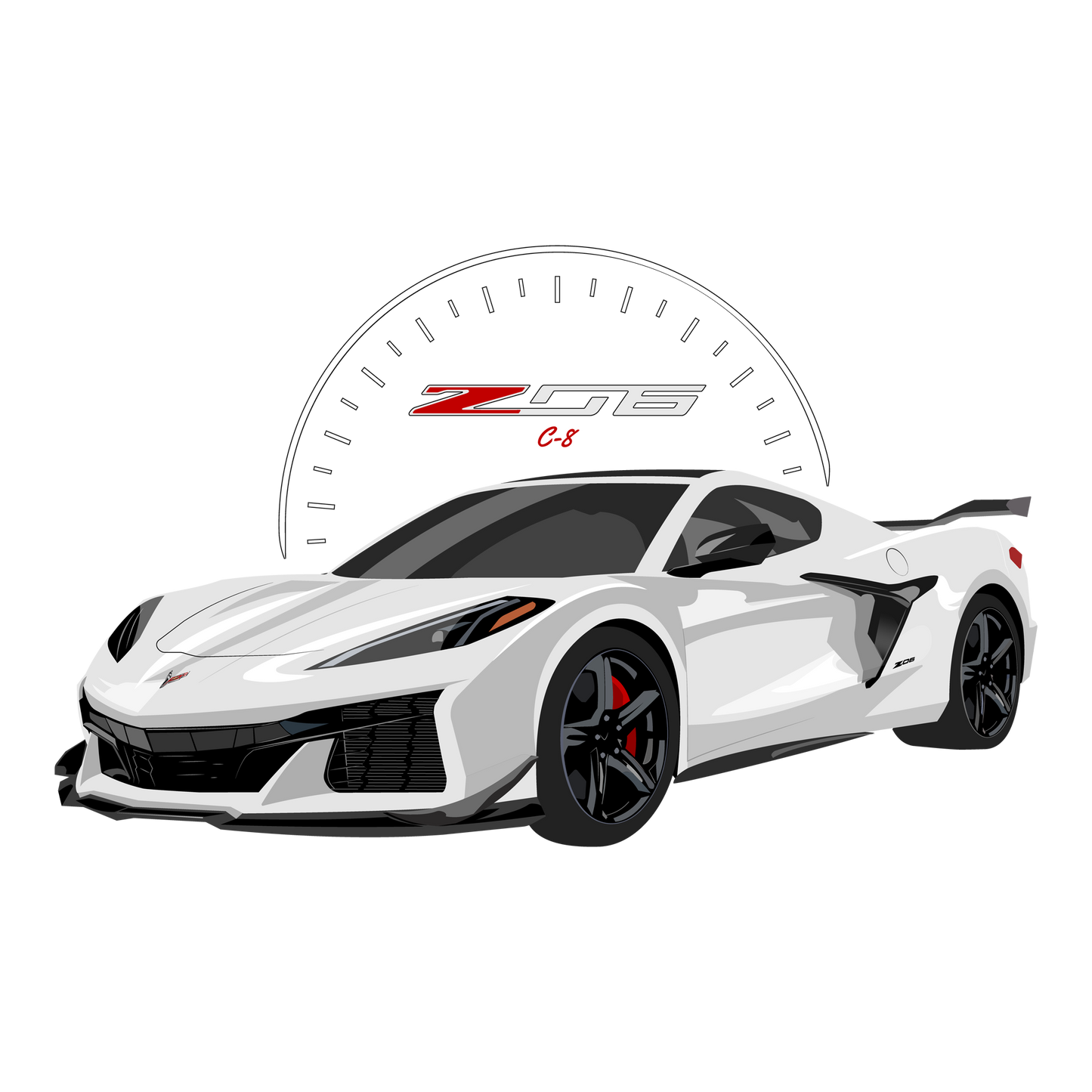 23 White Chevy Corvette Z06 Tachometer DTF Design