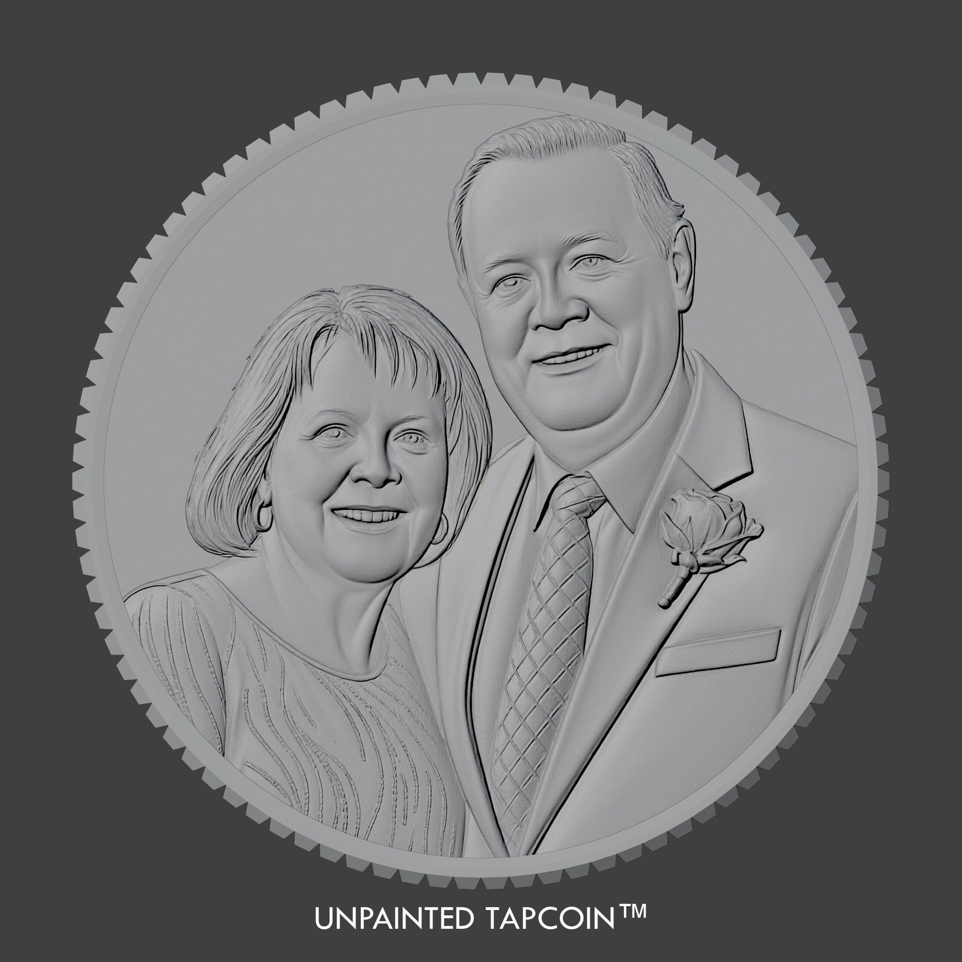 An unpainted image of a sculpted TapCoin