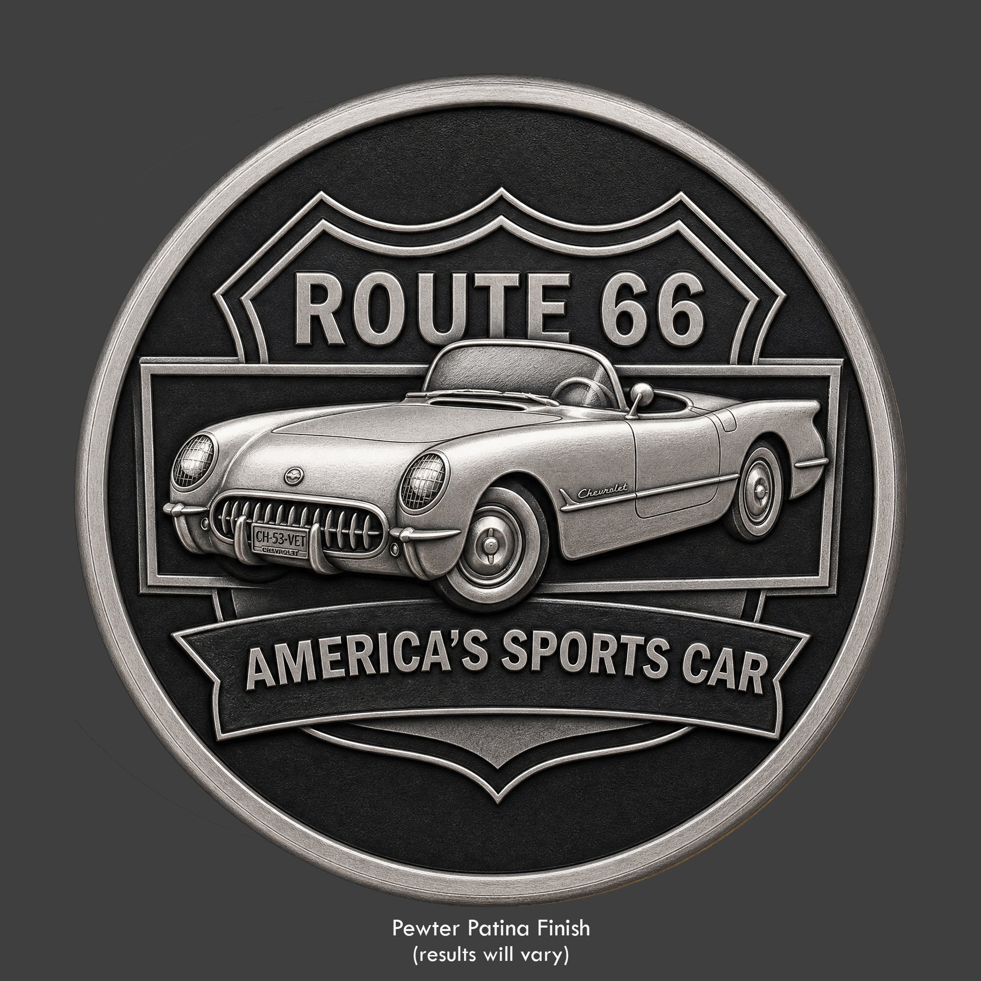 A '53 Chevy Corvette on a coin