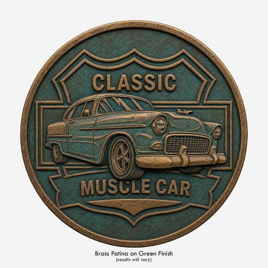 A patina finished 57 Chevy coin on a light background