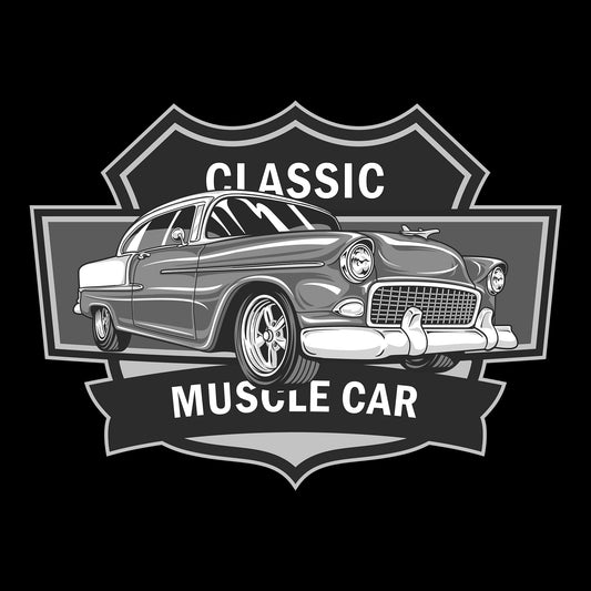 A classic '55 muscle car with 'Classic Muscle Car' text on a black background