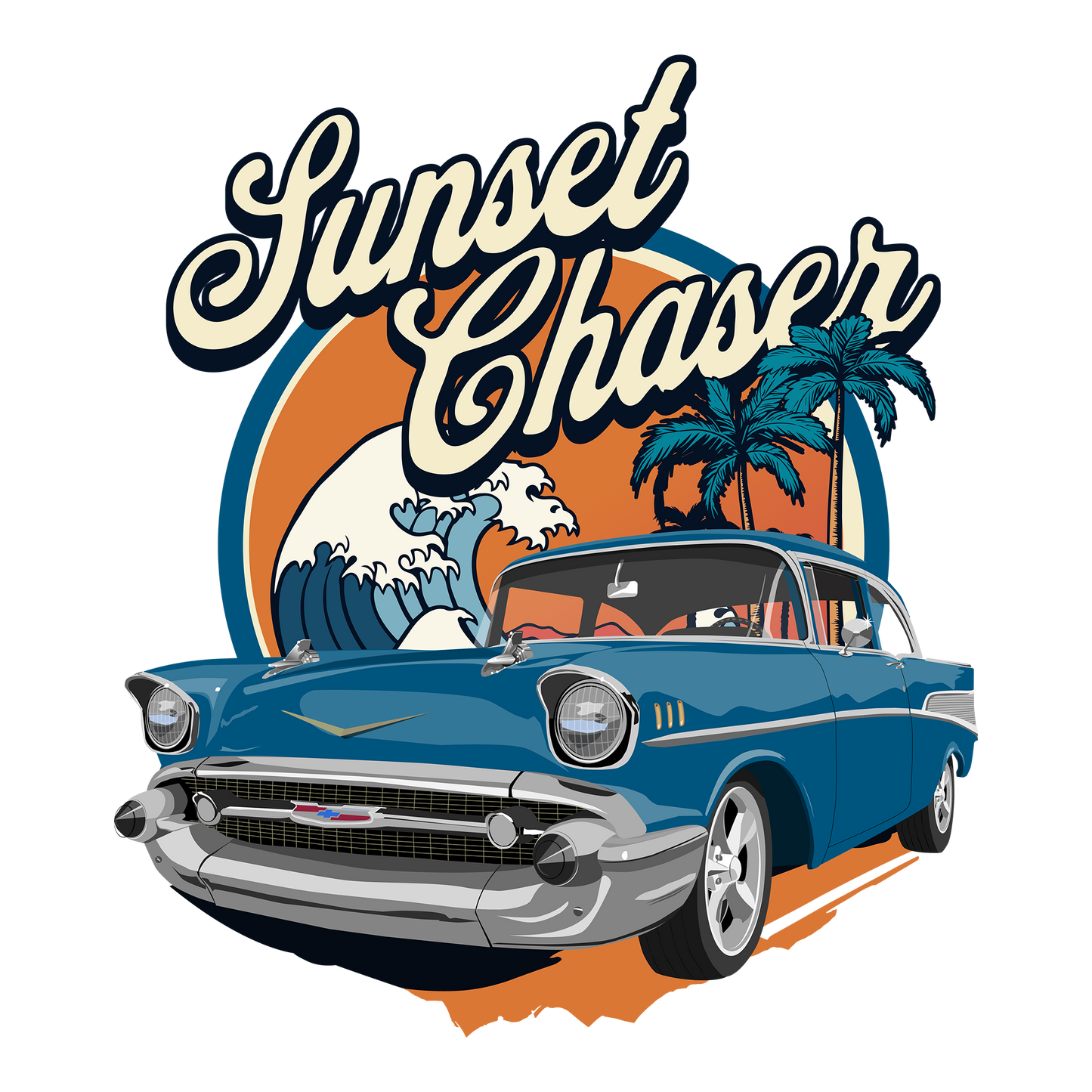 57 Blue Chevy Bel Air Sunset Chaser DTF Design