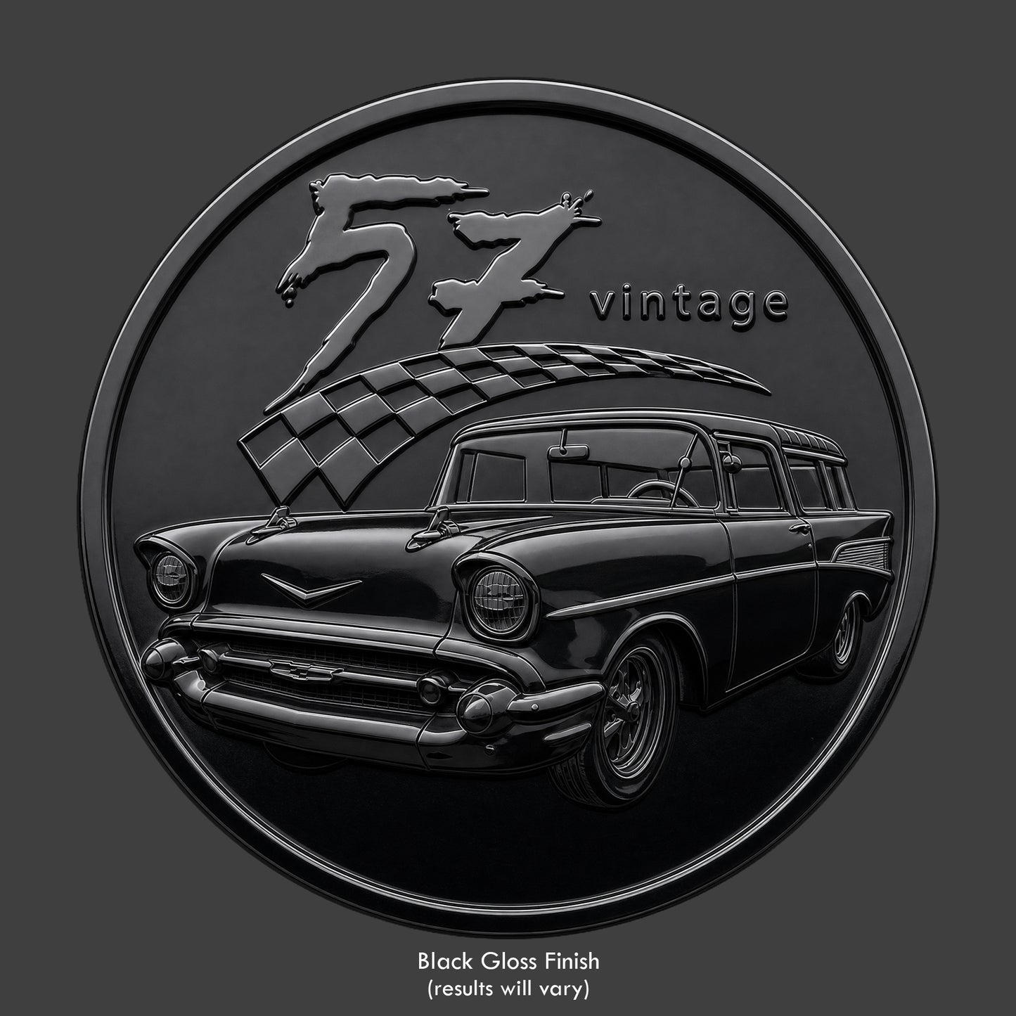 A black '57 Nomad on a gloss black coin