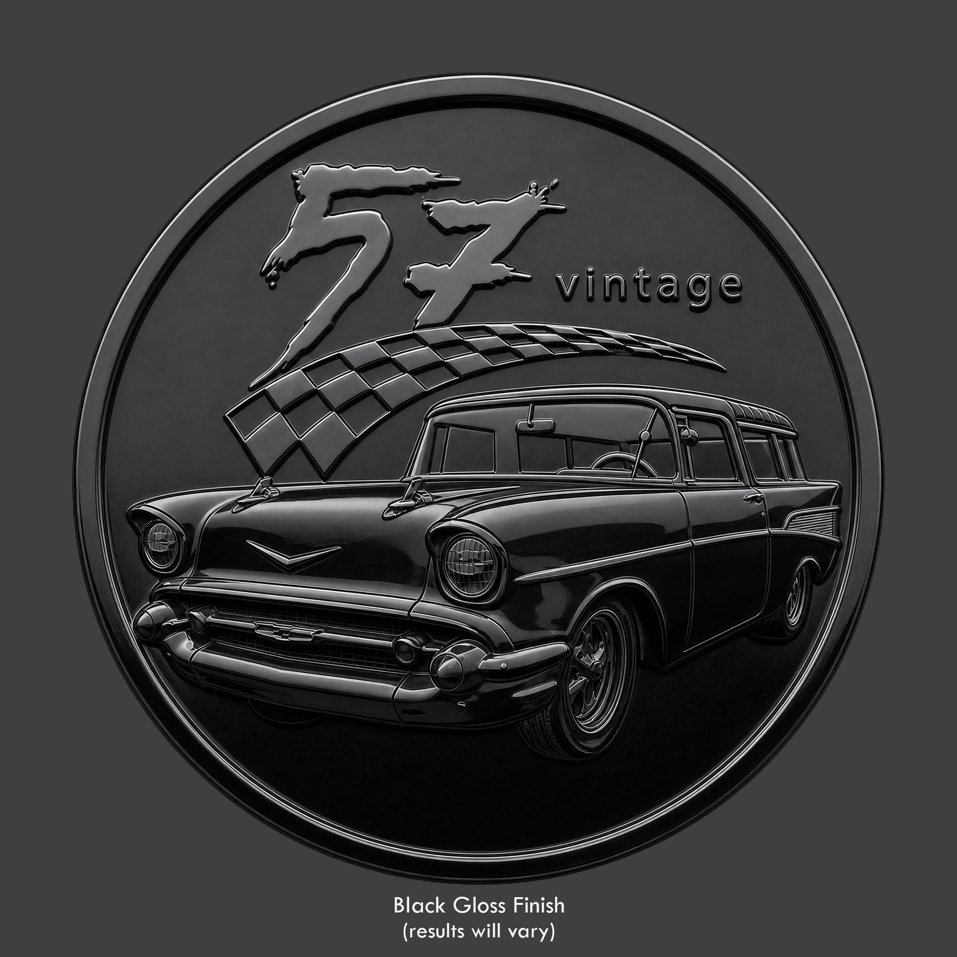 A black '57 Nomad on a gloss black coin