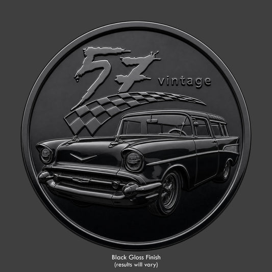 A black '57 Nomad on a gloss black coin