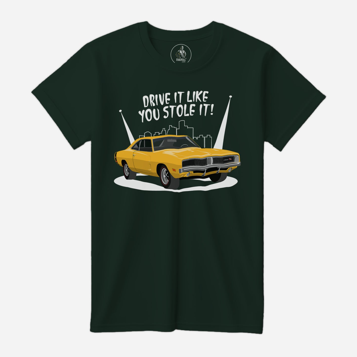 69 Yellow Dodge Charger Stolen Evergreen Bella+Canvas T-Shirt