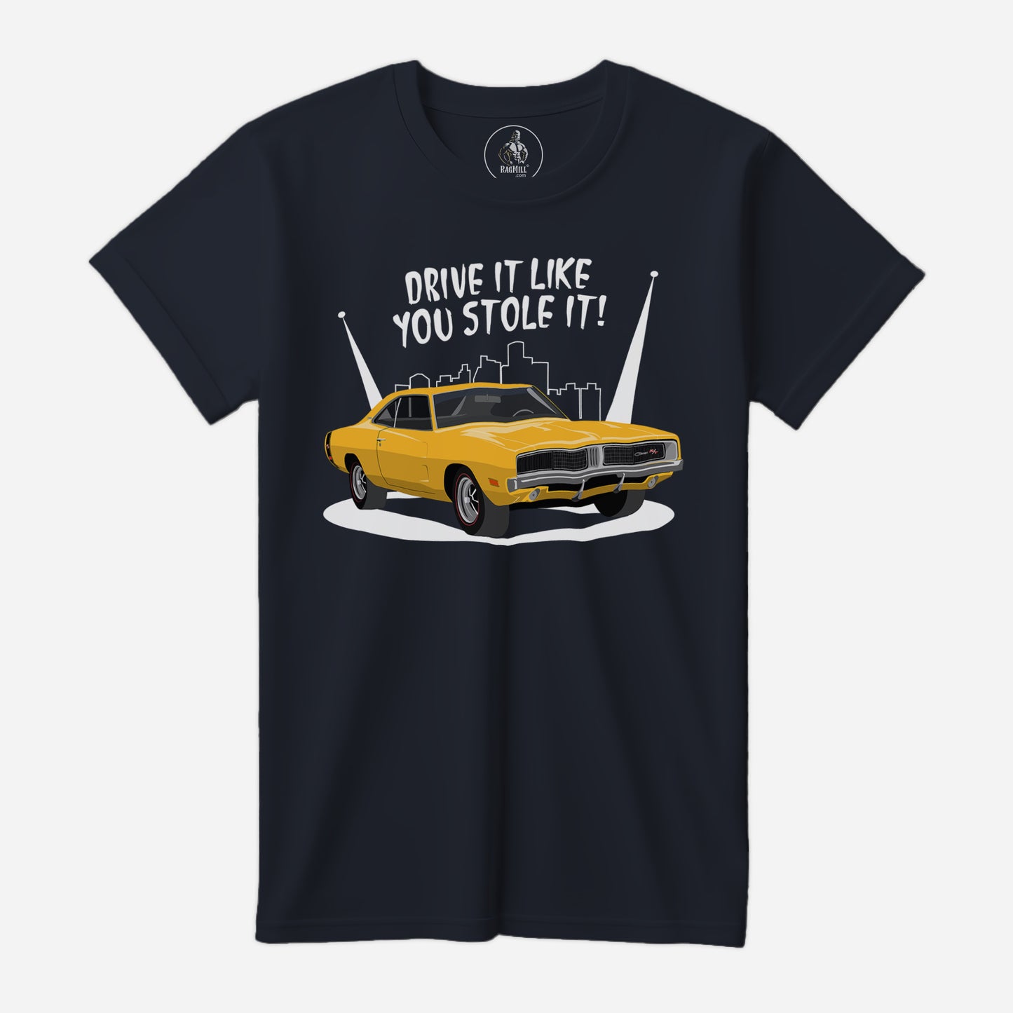 69 Yellow Dodge Charger Stolen Navy Bella+Canvas T-Shirt