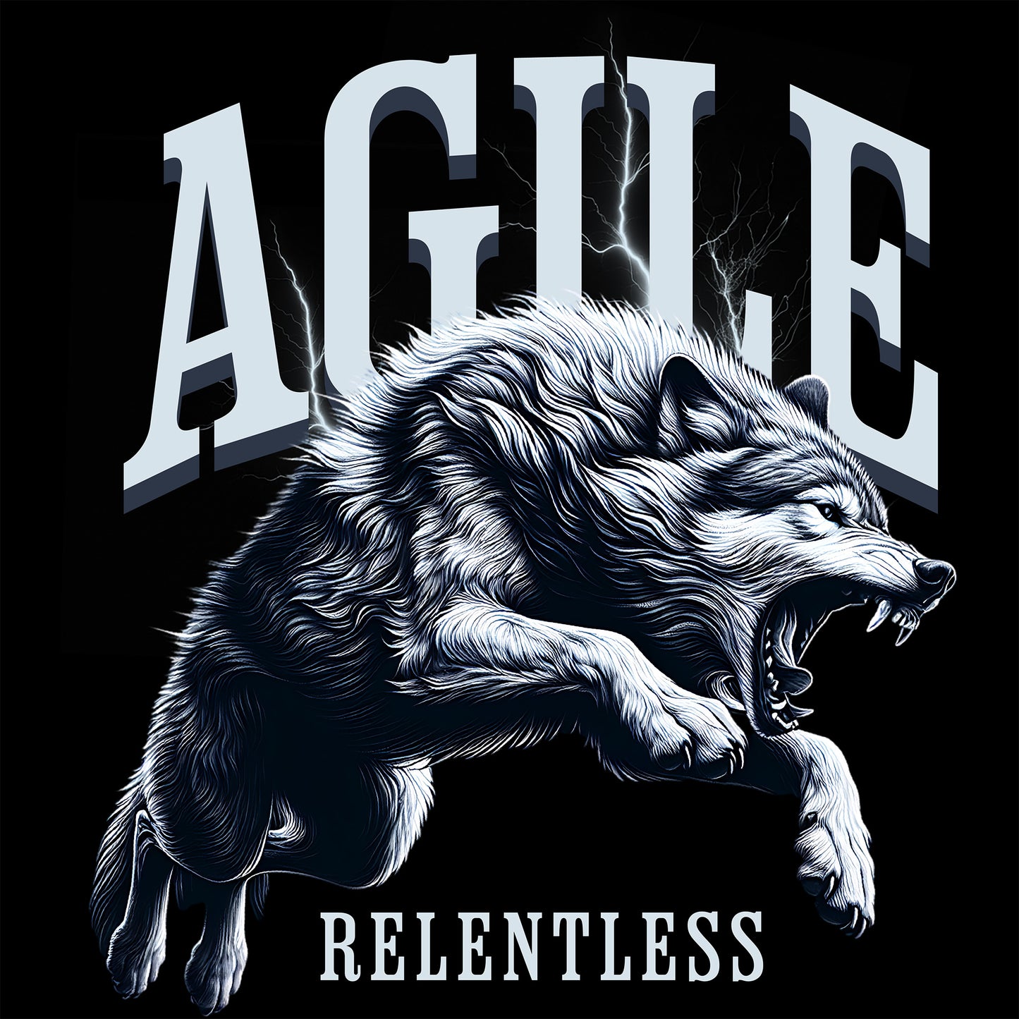 Wolf illustration with 'AGILE' and 'RELENTLESS' text on a black background