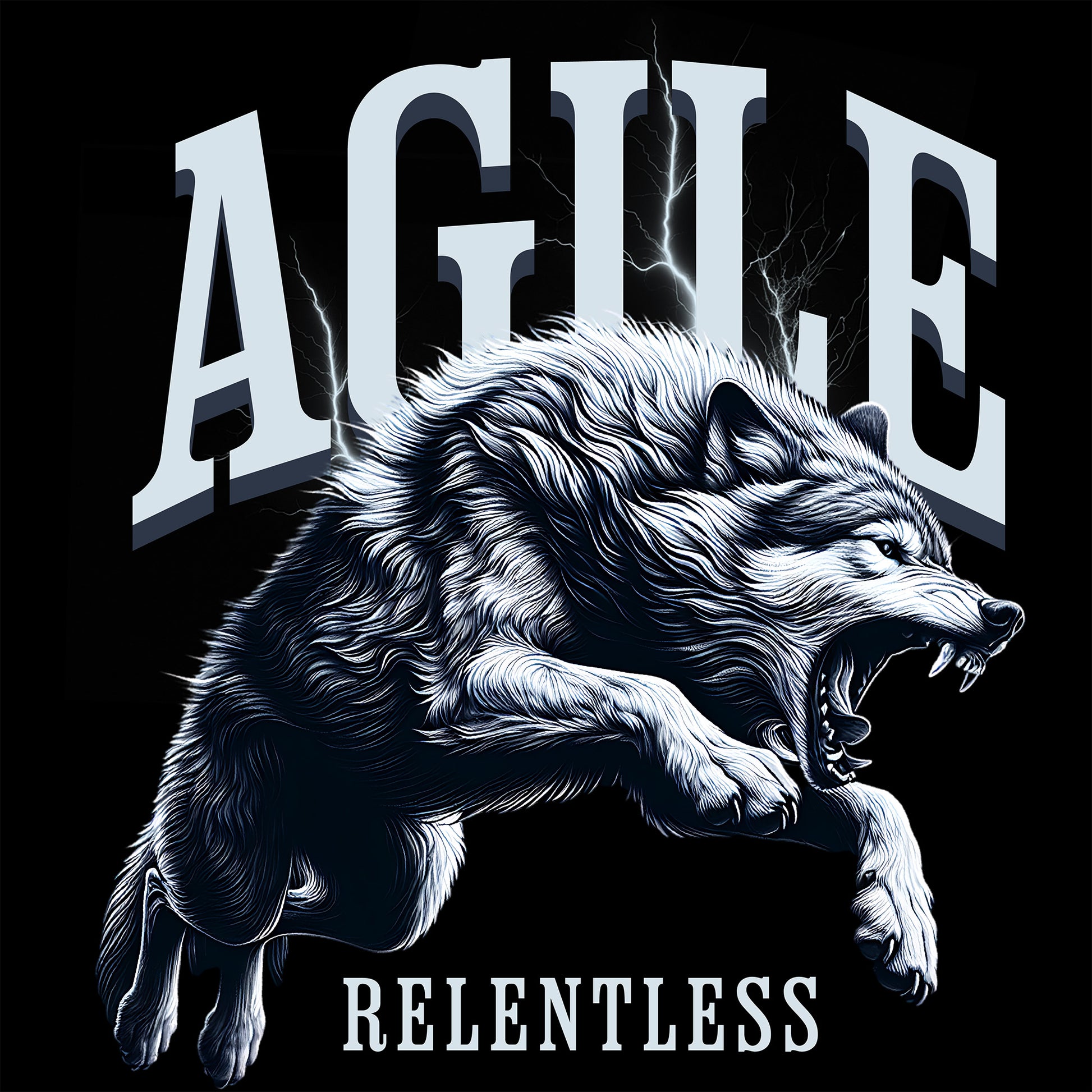 Wolf illustration with 'AGILE' and 'RELENTLESS' text on a black background