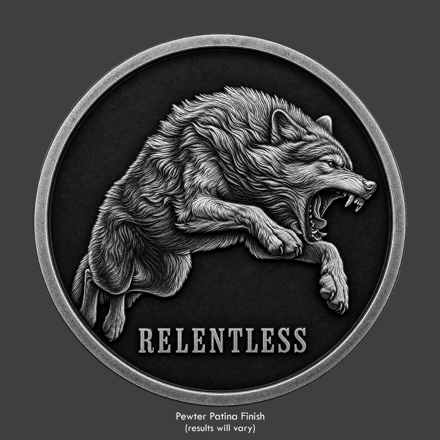 A pewter patina on black wolf coin