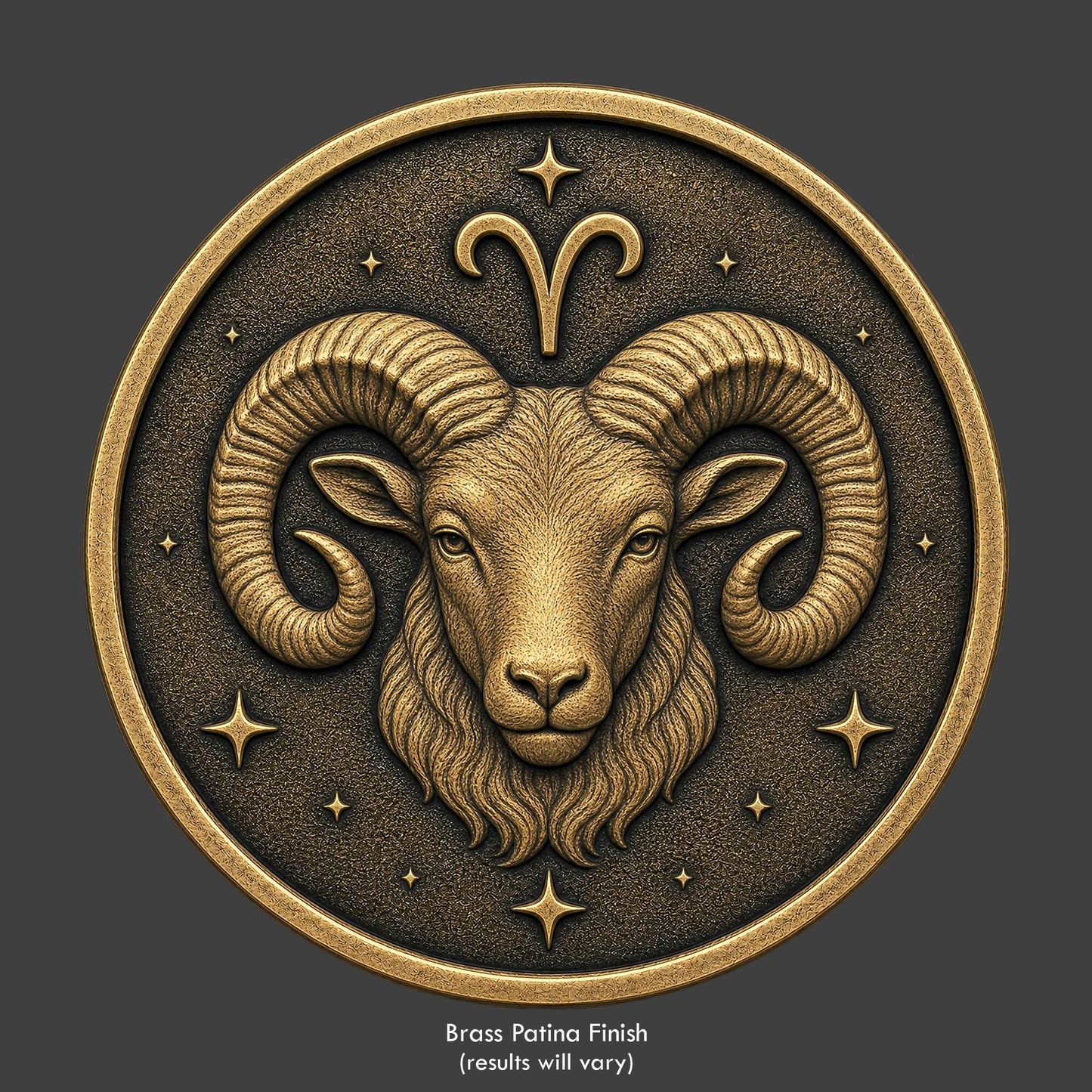 Aires Zodiac symbol on a brass patina coin