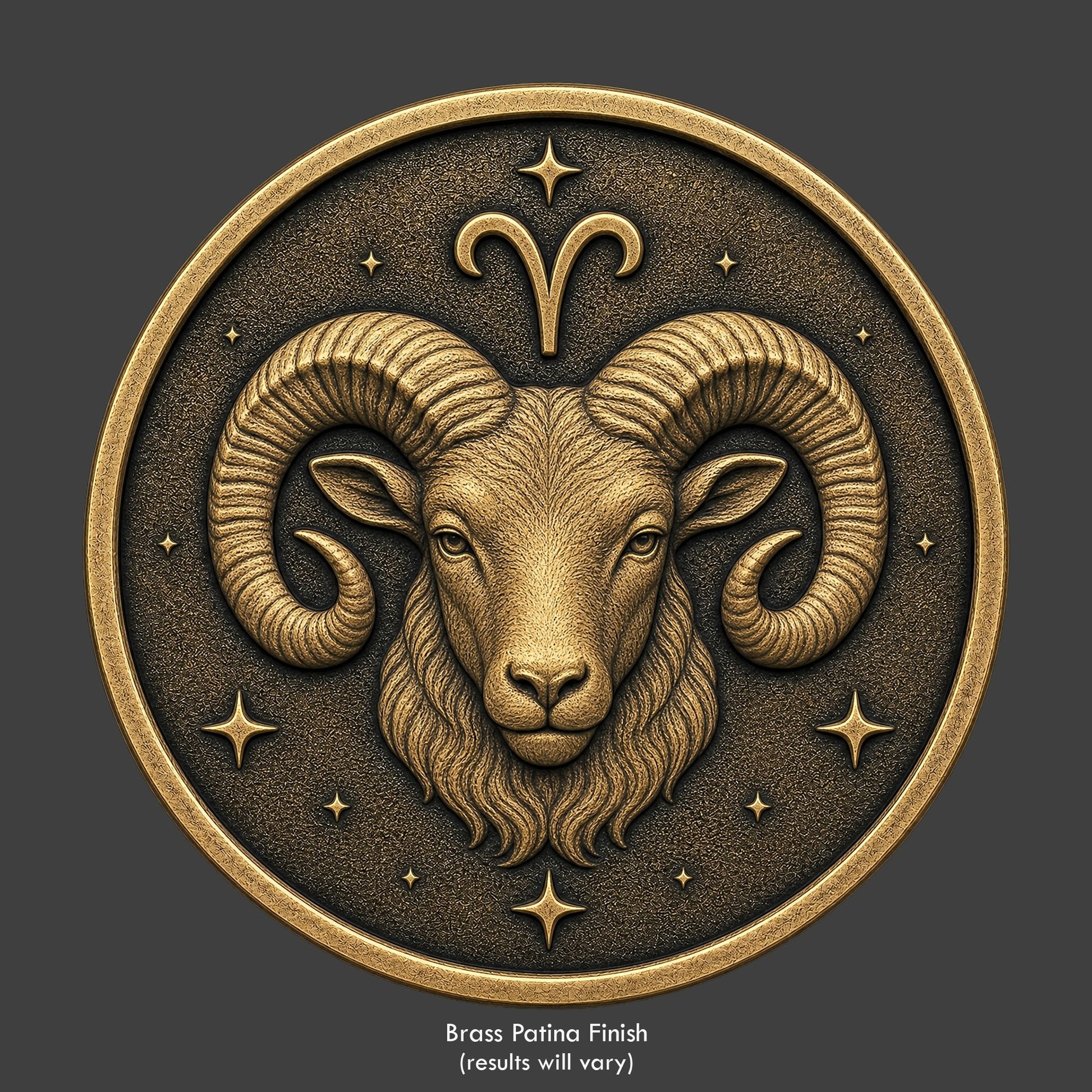 Aires Zodiac symbol on a brass patina coin