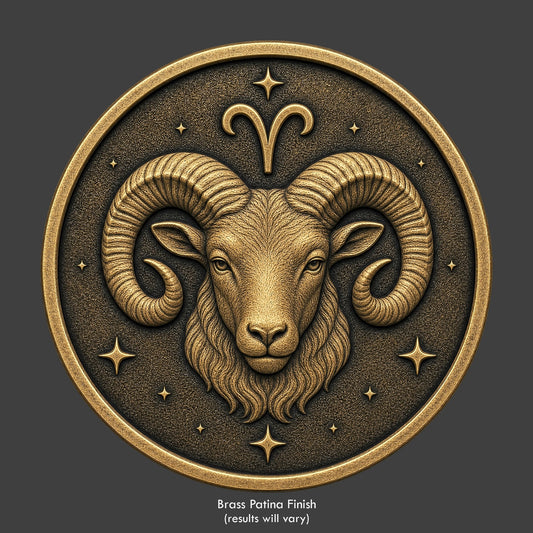 Aires Zodiac symbol on a brass patina coin