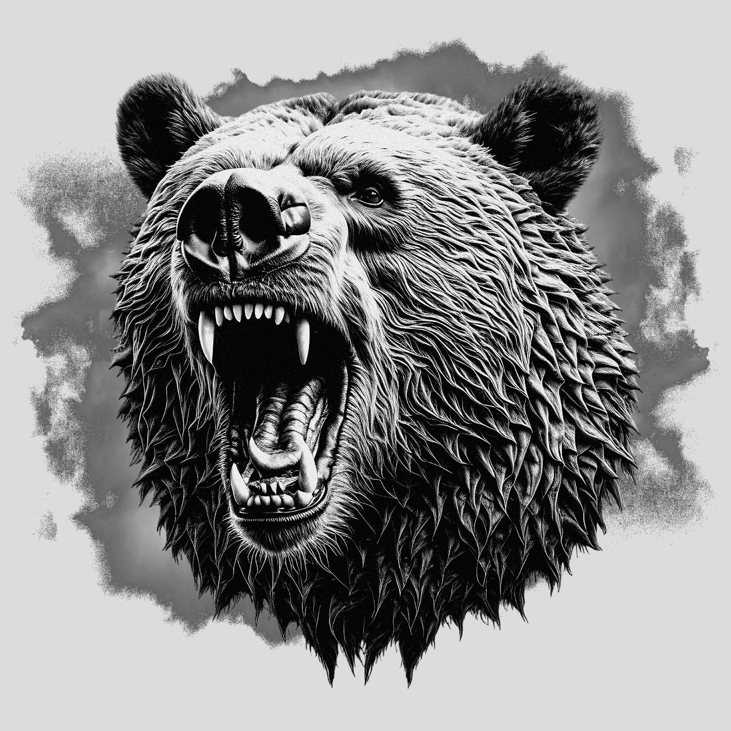 Black and white illustration of a roaring bear on a light gray background