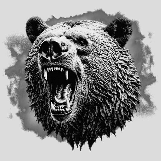 Black and white illustration of a roaring bear on a light gray background