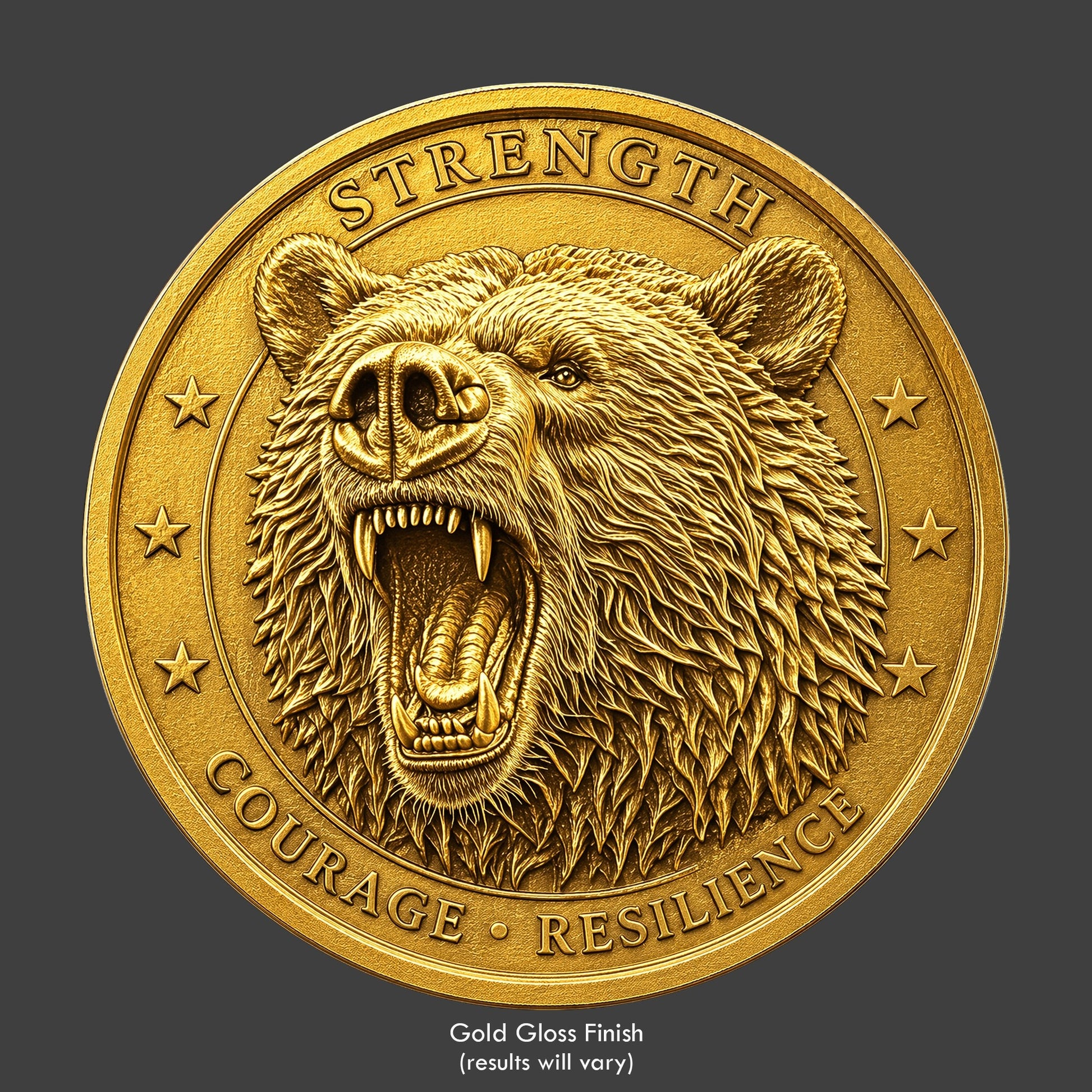 A gold finished, resin sculpted coin of an Alaskan Grizzly bear