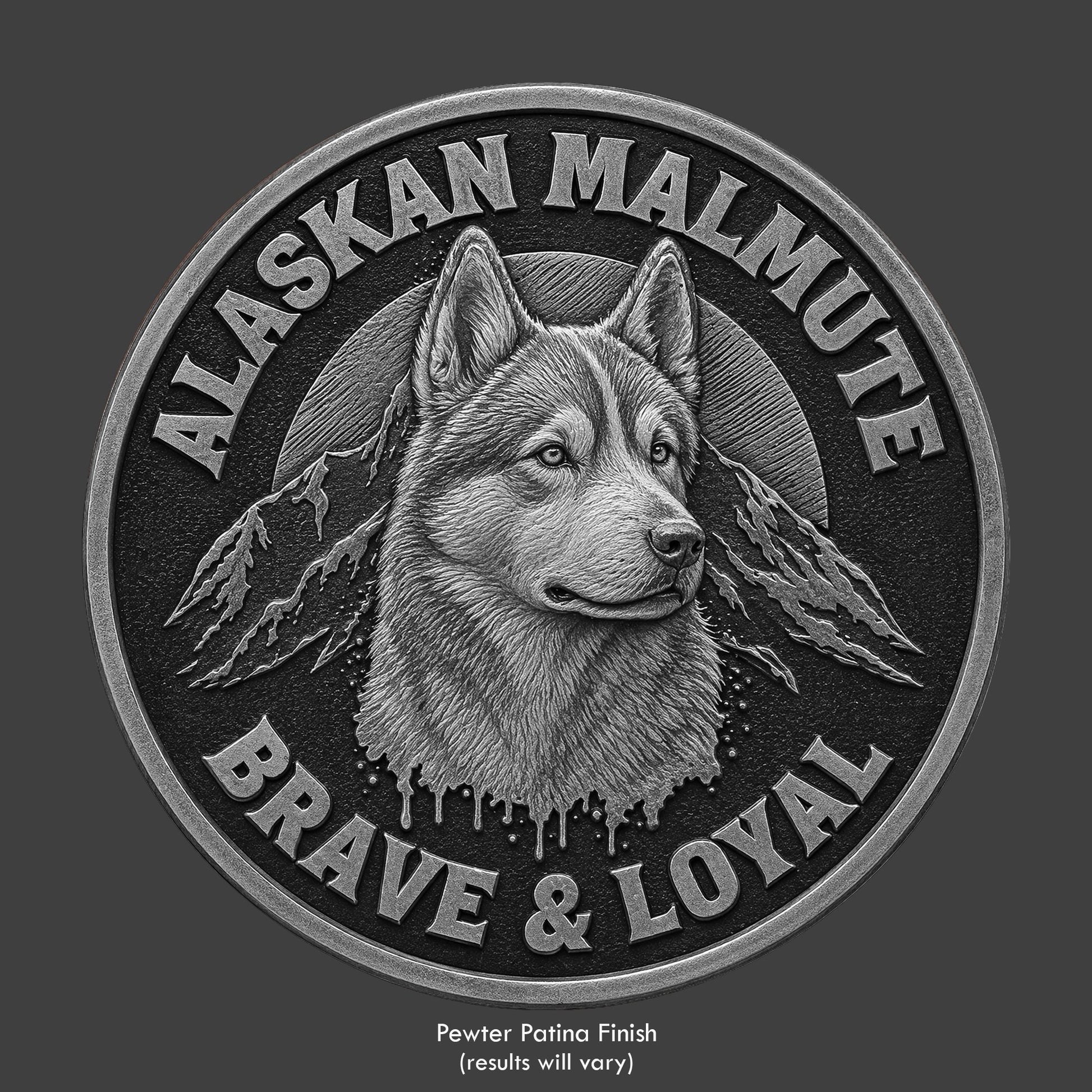 A pewter finished, resin sculpted coin of a Alaskan Malamute