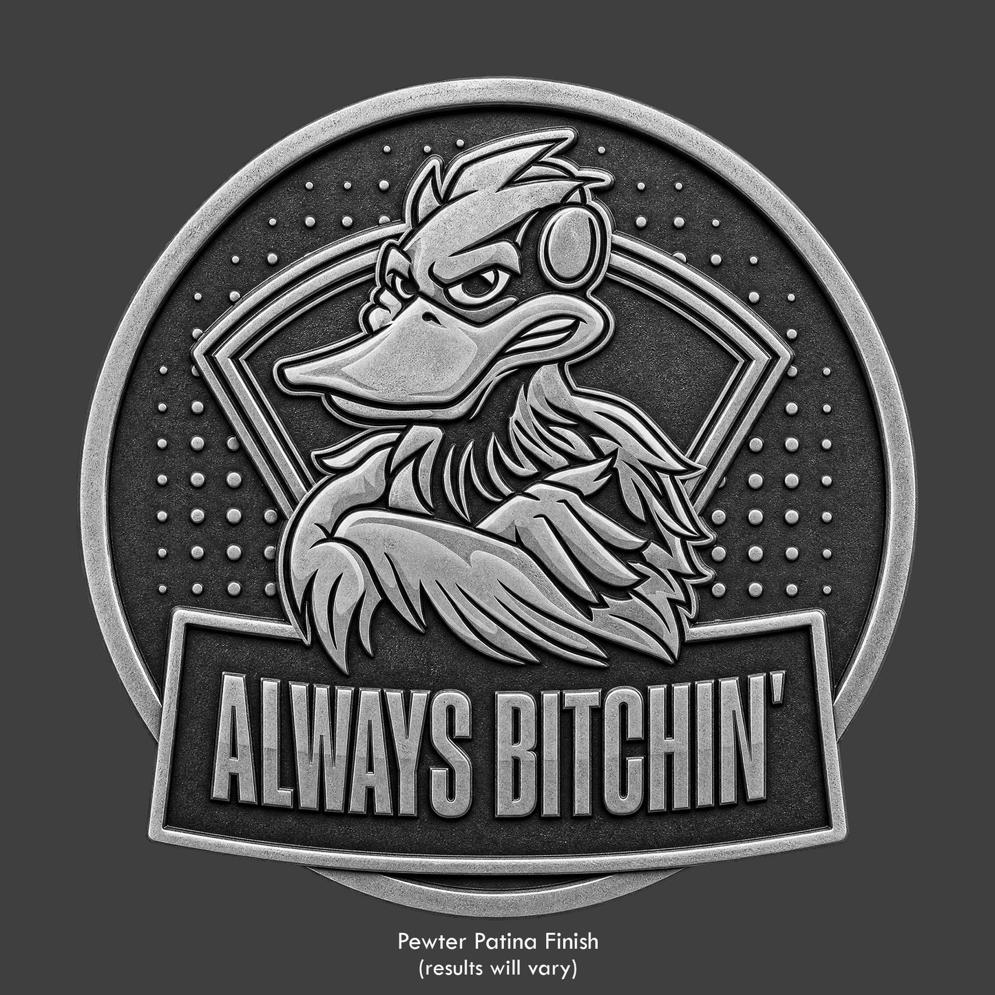 A woodpecker with headphones listening to music on a pewter coin
