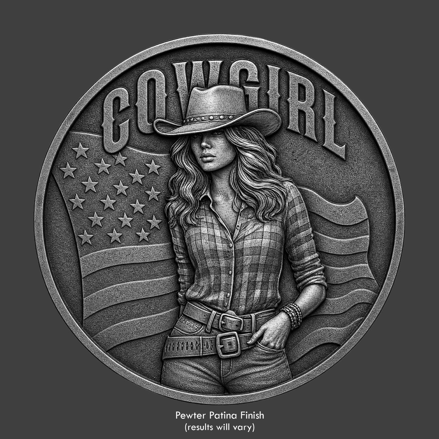 A country girl with a flag in the background on a pewter coin