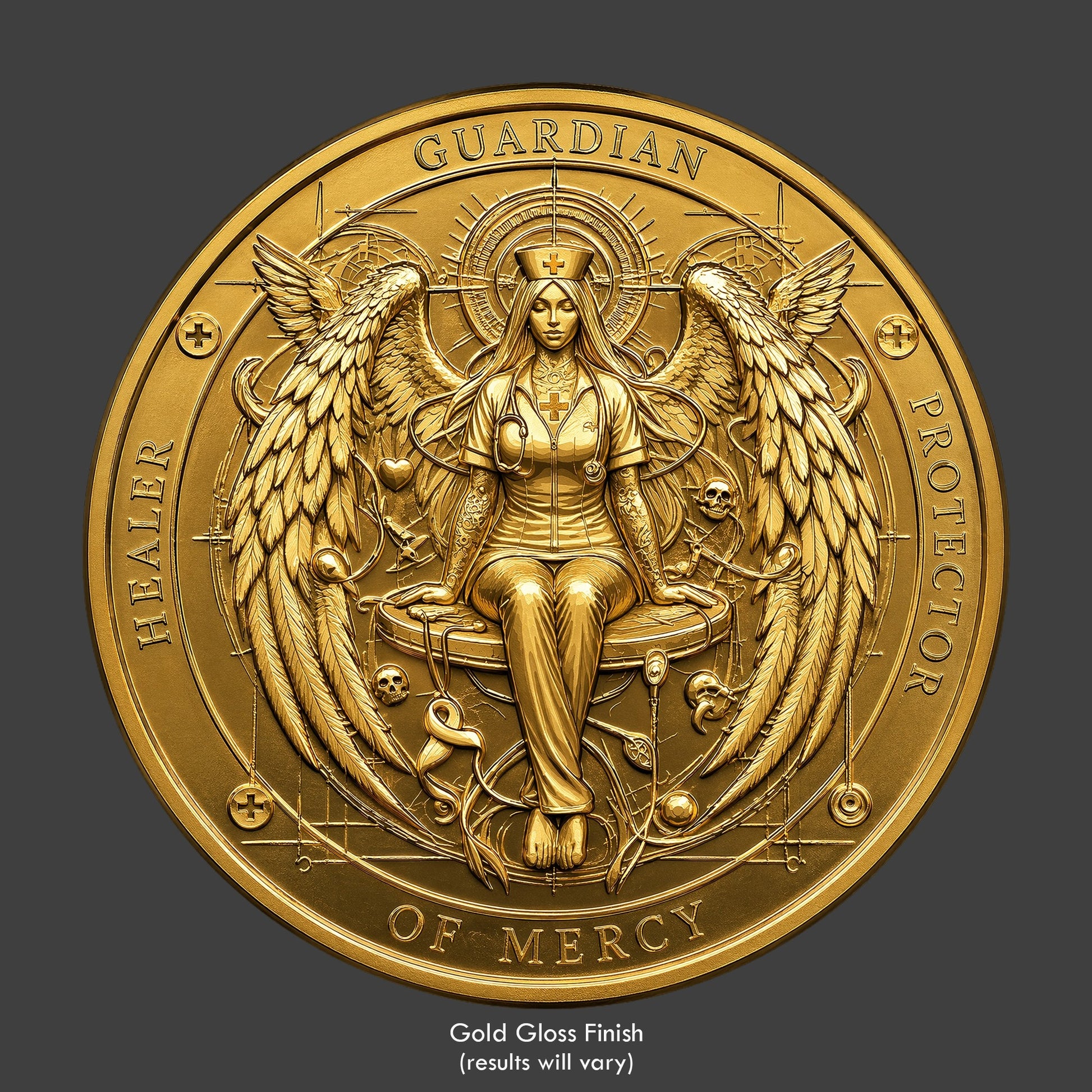 A gold finished, resin sculpted coin of a nurse