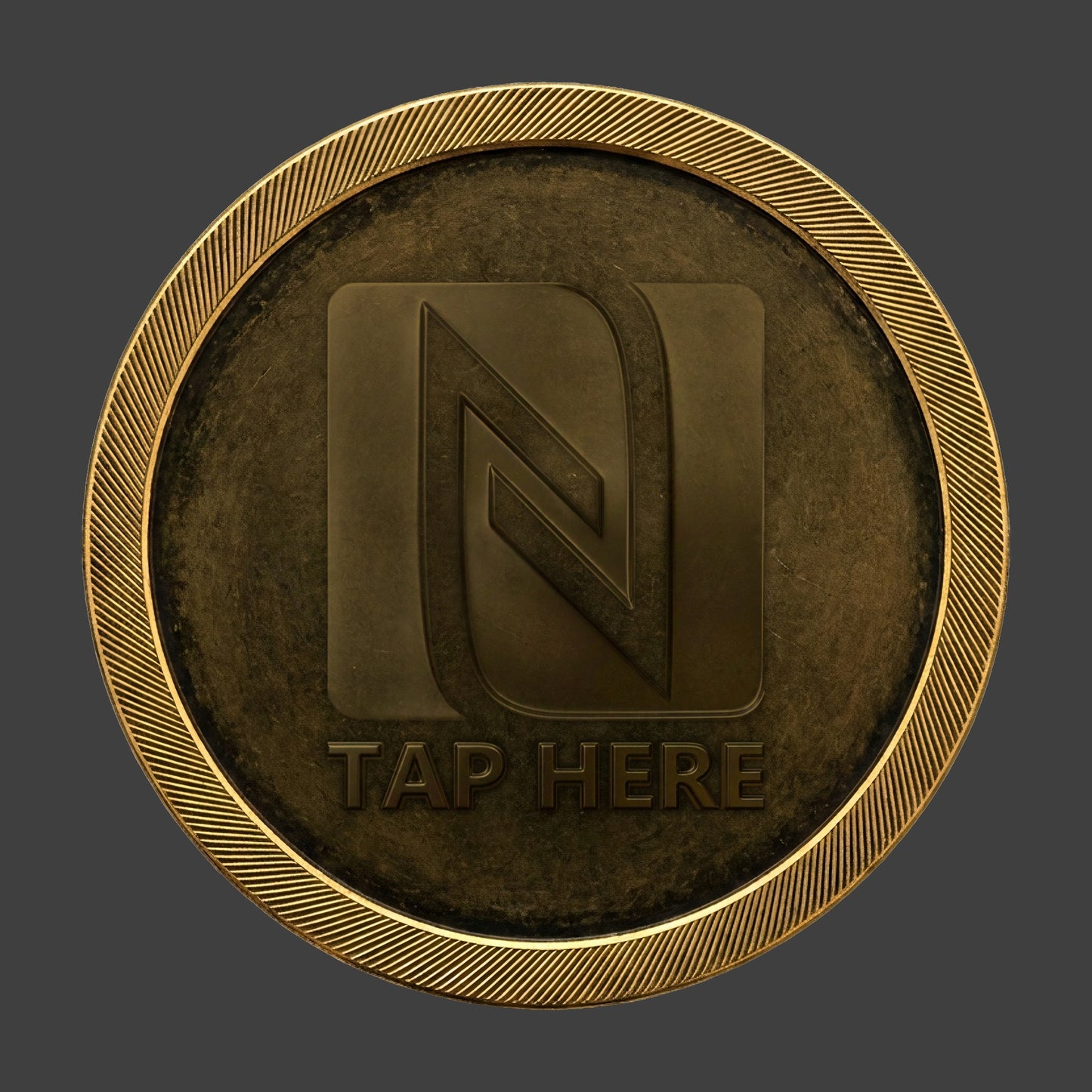 An antique gold coin with an NFC logo