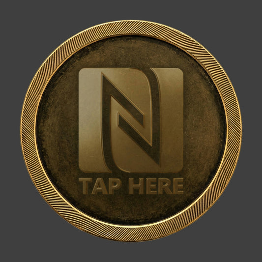 An antique gold coin with an NFC logo