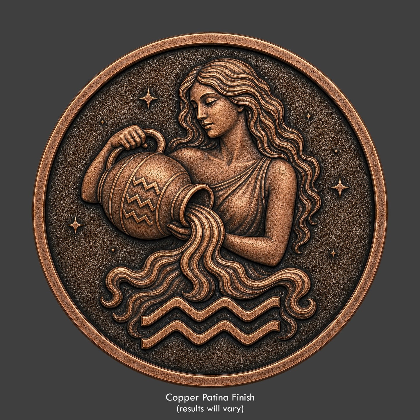 Aquarius Zodiac symbol on a copper patina coin
