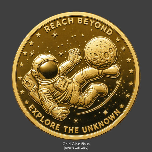 A gold finished, resin sculpted coin of an astronaut playing soccer