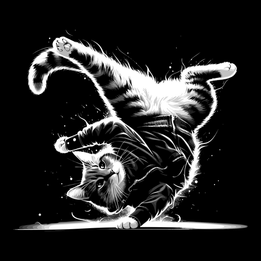 Cat inleather performing a backflip on a black background