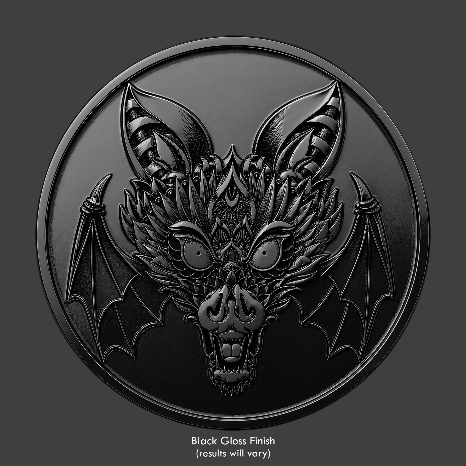 An ornate bat with intricate patterns on a coin